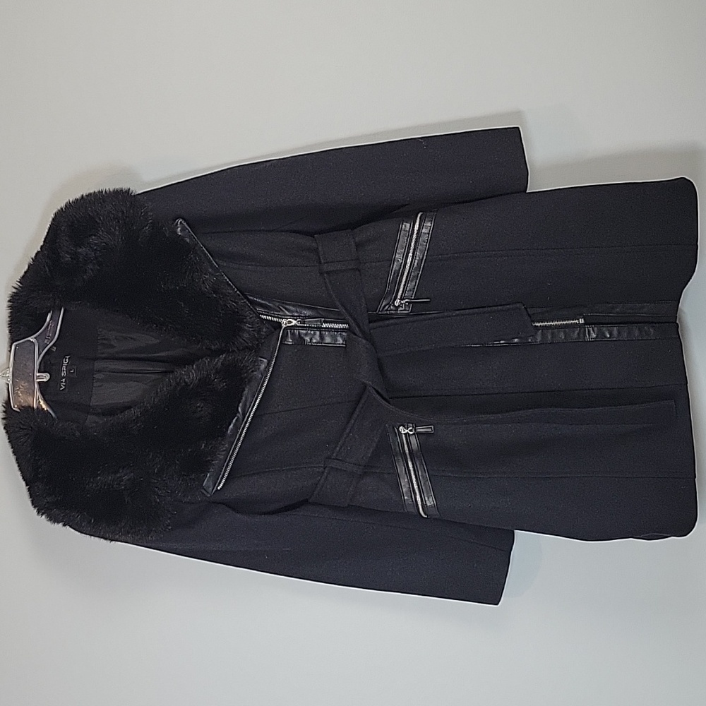 Long VIA SPIGA large charcoal gray coat faux fur collar belted size Large
